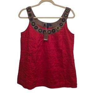 NWT Boden Red Linen Tank Top – Size 12 – Embellished Circle Neckline